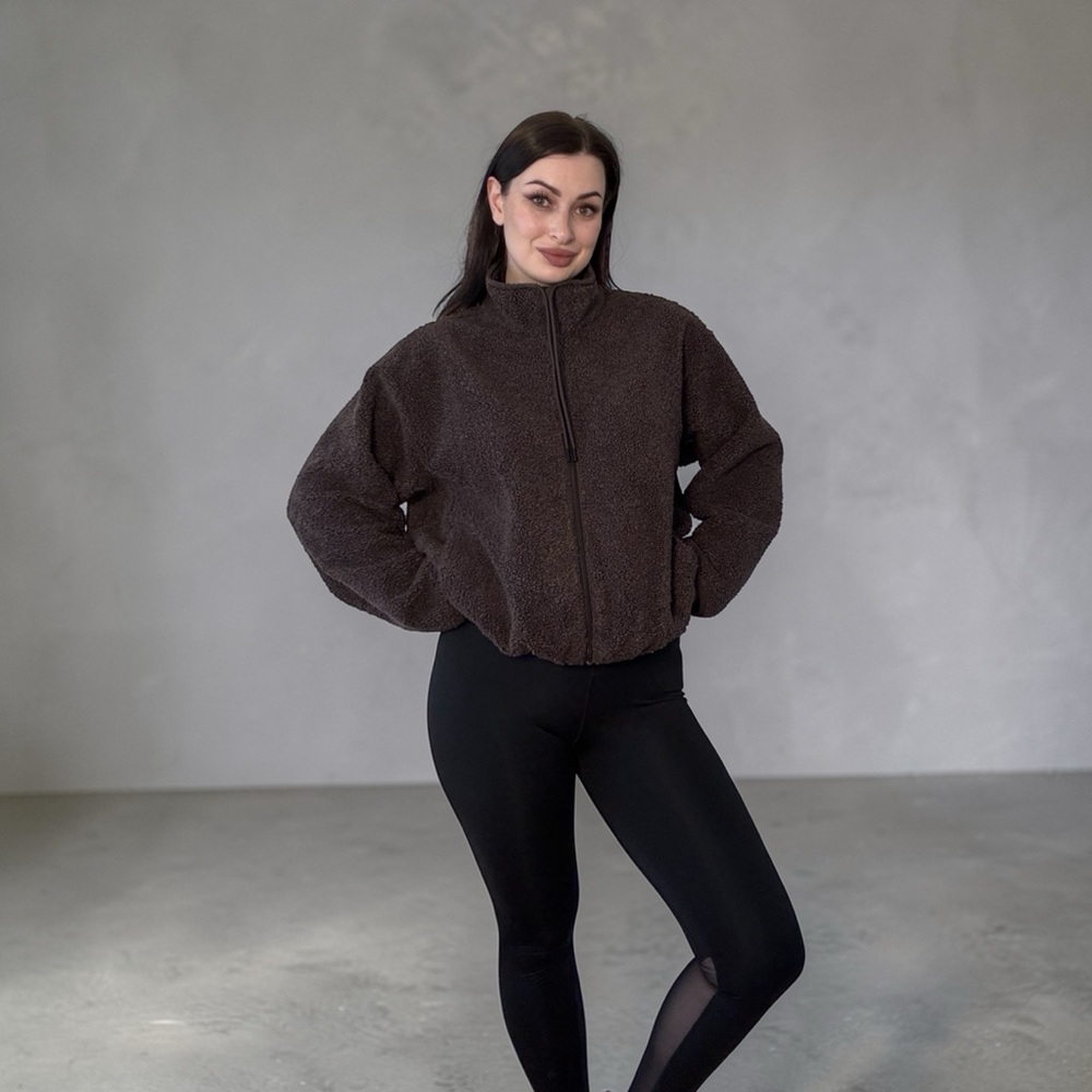 Athleta Sherpa Fleece Jacket Brown Full Zip Cozy Teddy Jacket Women’s L Tall